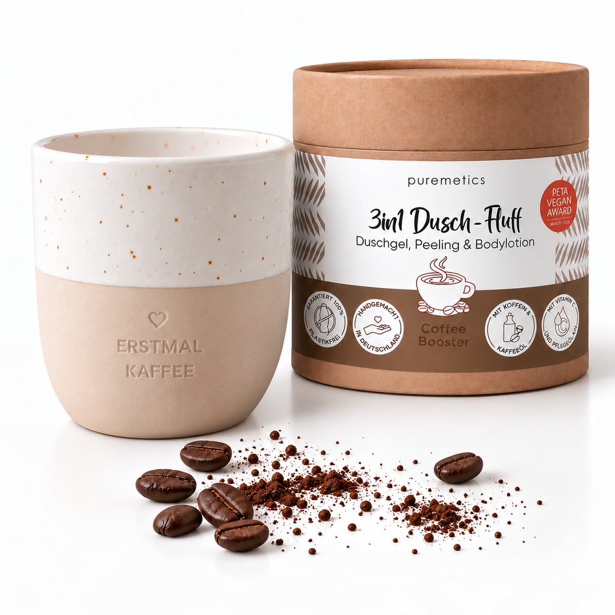 Set «Morgen-Boost» – Kaffeebecher & Coffee Dusch-Fluff