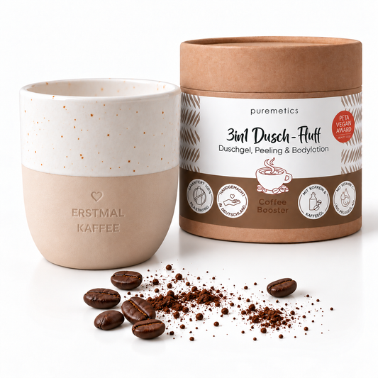 Set «Morgen-Boost» – Kaffeebecher & Coffee Dusch-Fluff