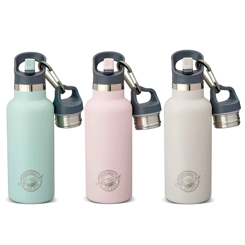 Carl Oscar Tempflask Trinkflaschen in Grün, Rosa und Grau nebeneinander