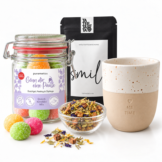 Geschenkset «Gönn dir eine Pause» – Steingutbecher, Tee & Duschkonfekt